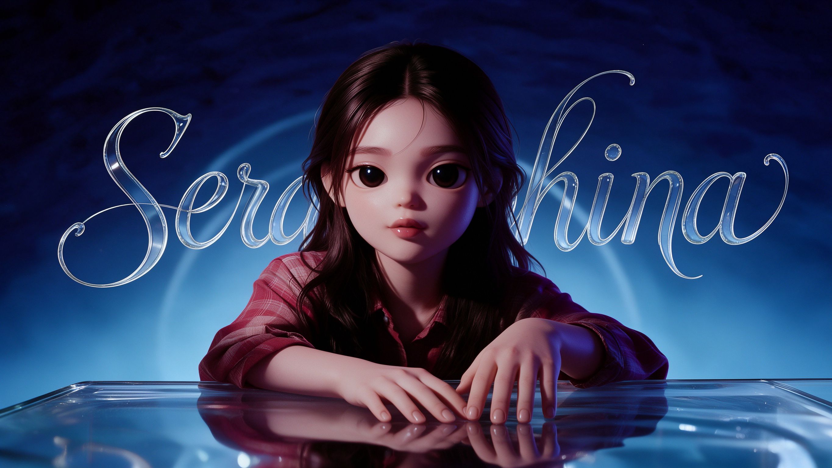 深蓝背景中，Seraphina 潮玩女孩倚在玻璃桌前，身后是镜面花体英文。